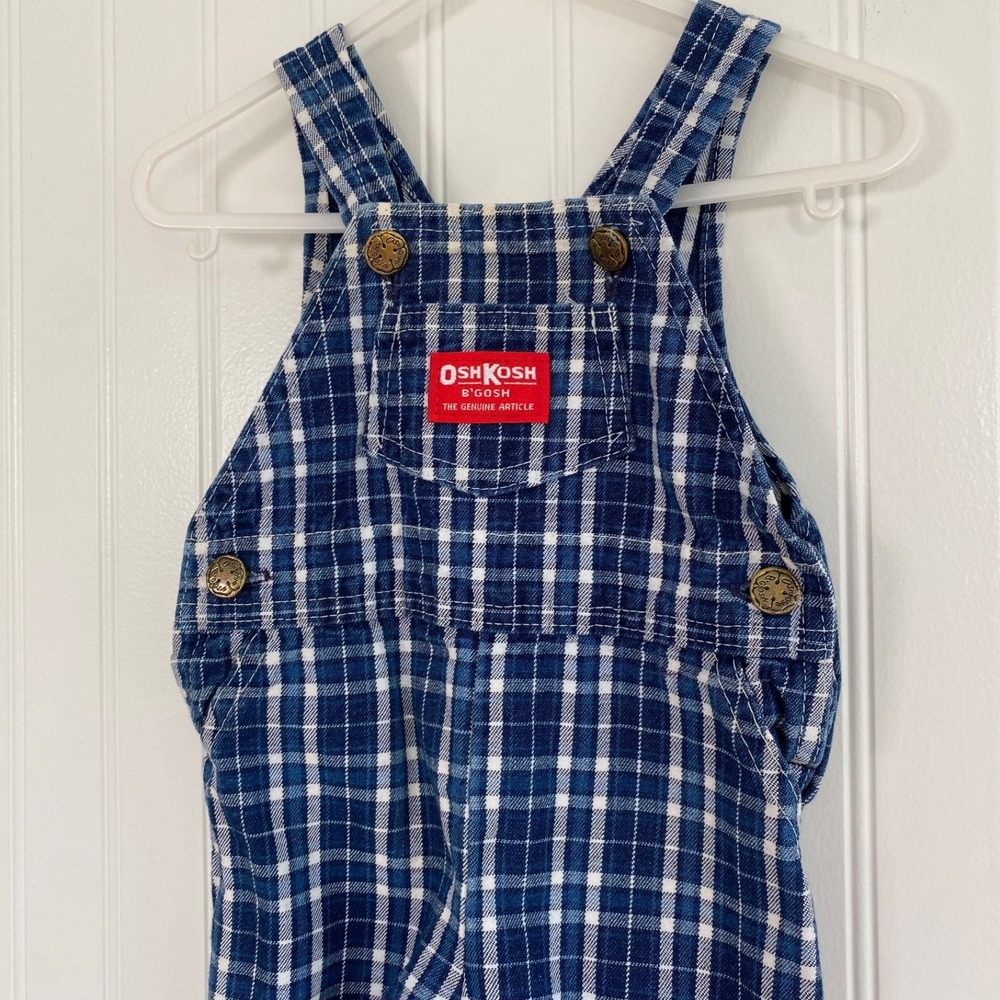 Vintage Osh Kosh Bgosh Vestbak Baby Overalls Size 3-6 Months Blue Plaid Footie - Picture 2 of 11